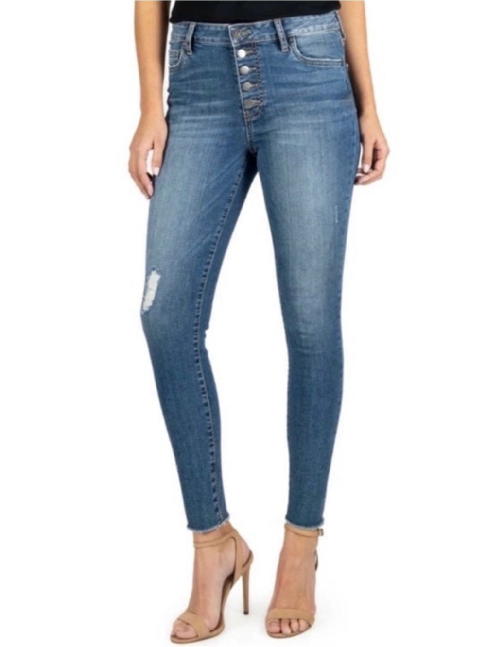 KUT from the Kloth Donna Fab Ab Ankle Skinny Jeans button fly ripped knee size 6